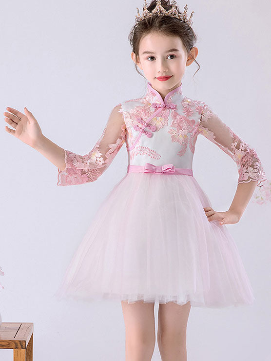 Champagne Pink Embroidered Flower Girls Tulle Cheongsam Dress