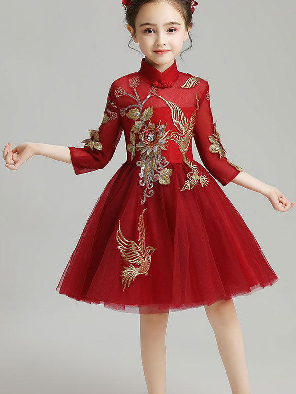 Burgundy Appliques Kid Flower Girls Tulle Cheongsam Dress