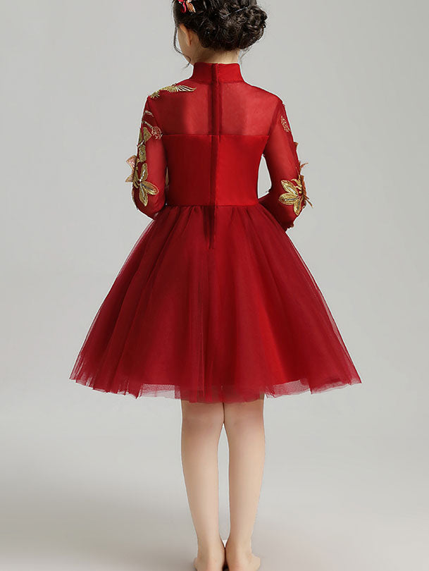 Burgundy Appliques Kid Flower Girls Tulle Cheongsam Dress