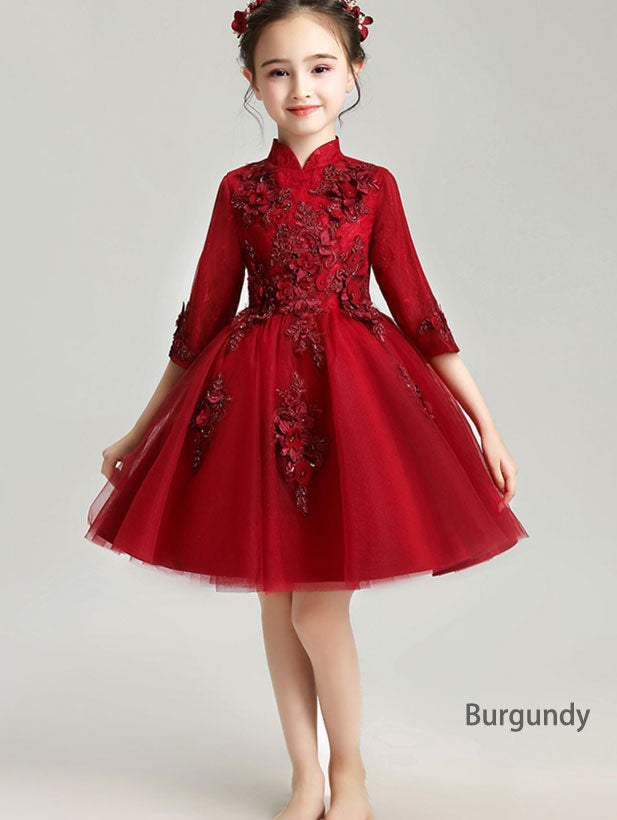 Pink Burgundy Appliques Kid Flower Girls Tulle Cheongsam Dress