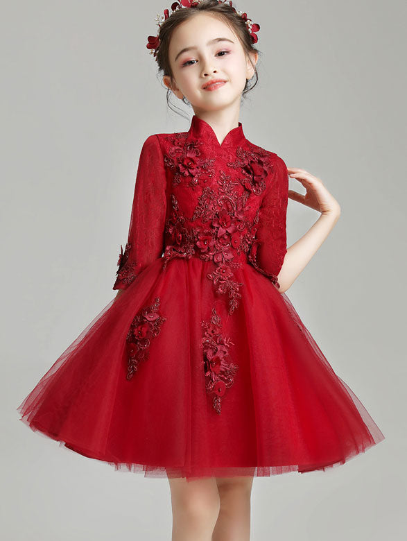 Pink Burgundy Appliques Kid Flower Girls Tulle Cheongsam Dress