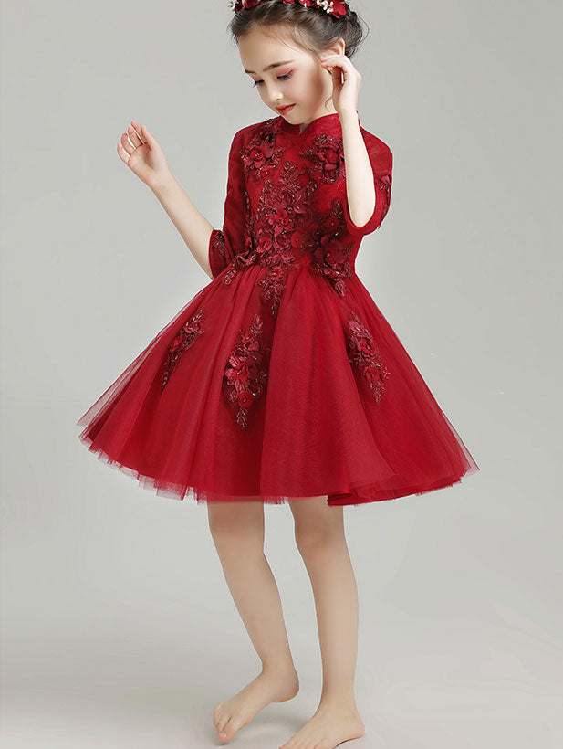 Pink Burgundy Appliques Kid Flower Girls Tulle Cheongsam Dress