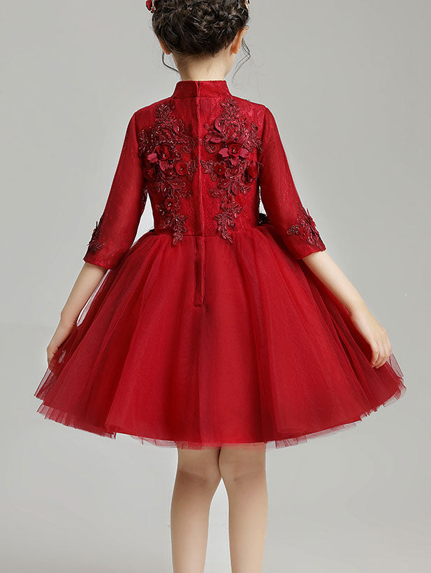 Pink Burgundy Appliques Kid Flower Girls Tulle Cheongsam Dress