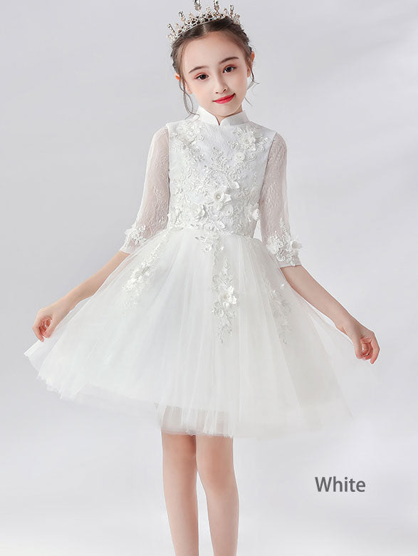 Pink Burgundy Appliques Kid Flower Girls Tulle Cheongsam Dress
