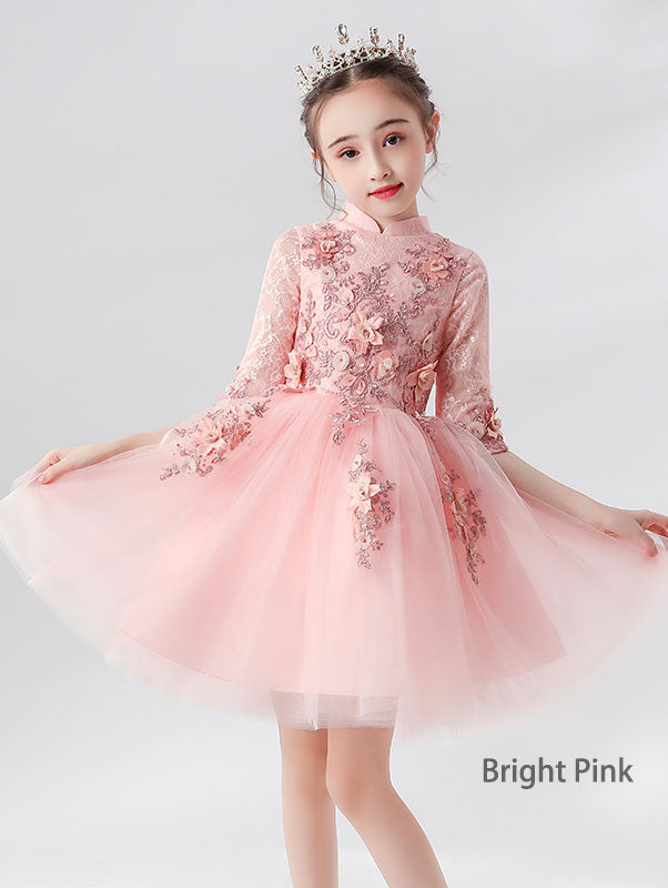Pink Burgundy Appliques Kid Flower Girls Tulle Cheongsam Dress