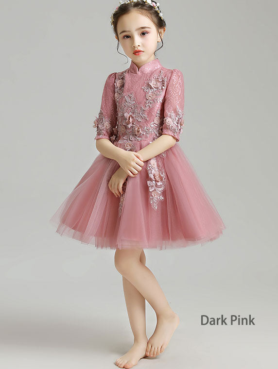 Pink Burgundy Appliques Kid Flower Girls Tulle Cheongsam Dress