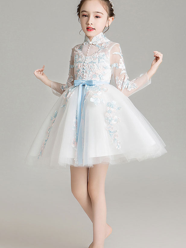 White Embroidered Girls Tulle Wedding Birthday Cheongsam Dress