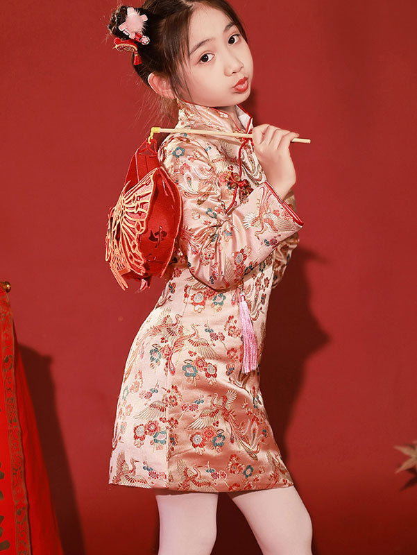 Pink Baby Girls Floral Phoenix Winter Qipao Cheongsam Dress