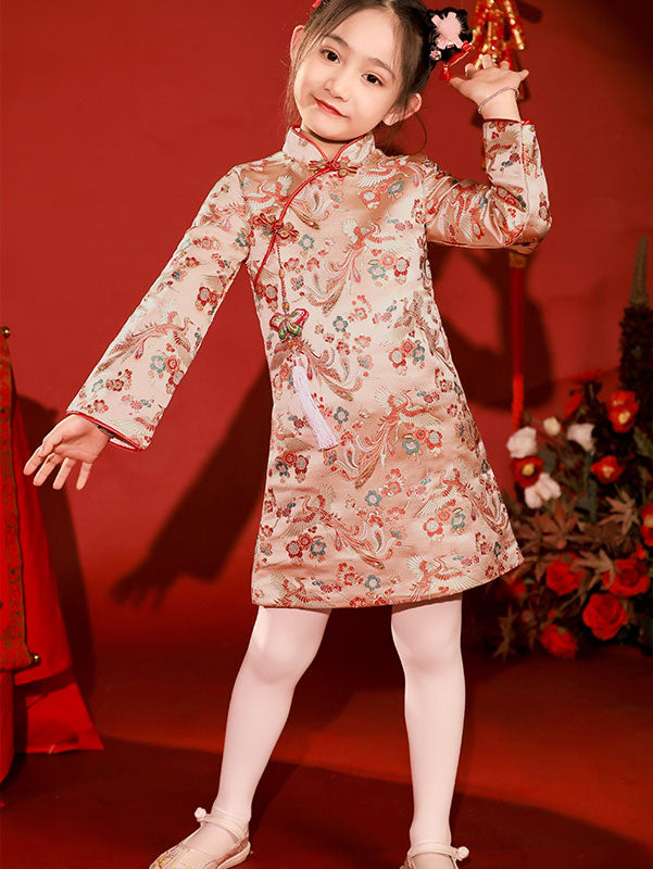 Pink Baby Girls Floral Phoenix Winter Qipao Cheongsam Dress