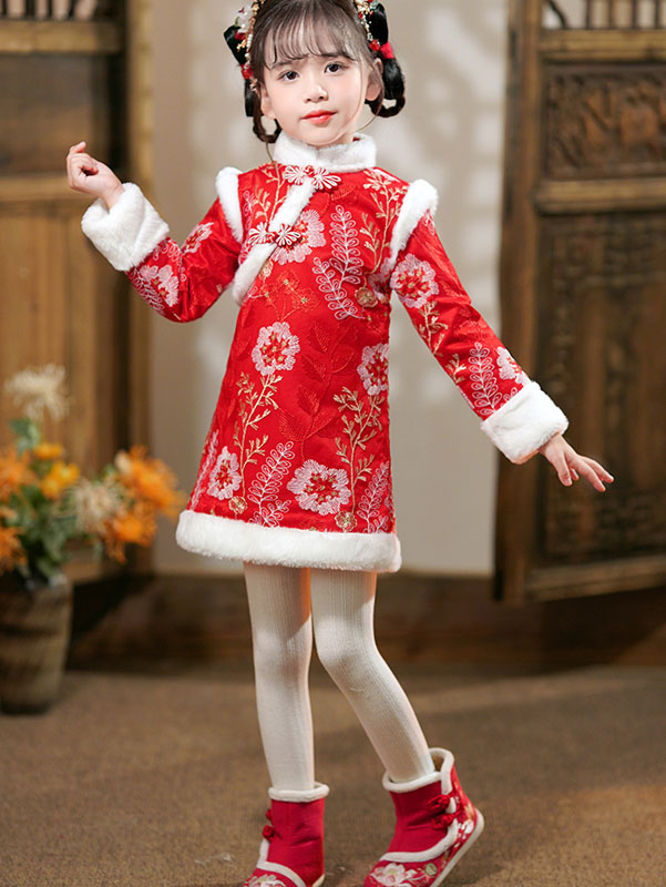 Pink Red Baby Girls Floral Winter Cheongsam Dress