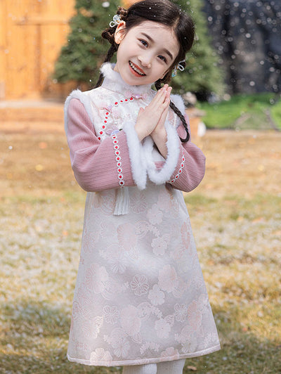 2025 Pink Jacquard Kids Girls Winter Qipao Cheongsam Dress