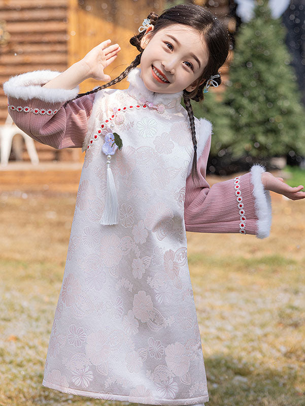 2025 Pink Jacquard Kids Girls Winter Qipao Cheongsam Dress