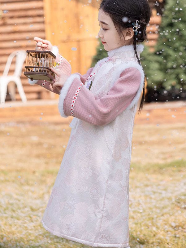 2025 Pink Jacquard Kids Girls Winter Qipao Cheongsam Dress