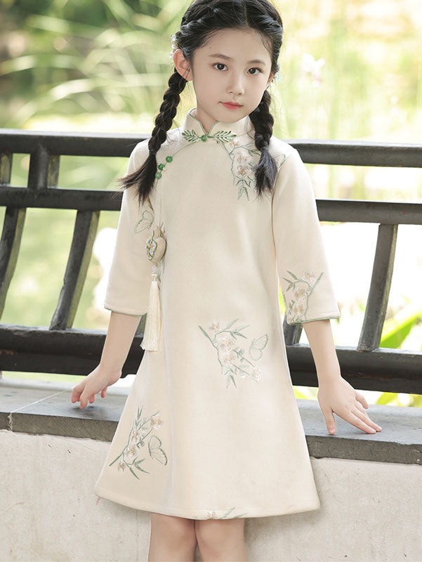 2025 Floral Embroidery Kids Girls Qipao Cheongsam Dress