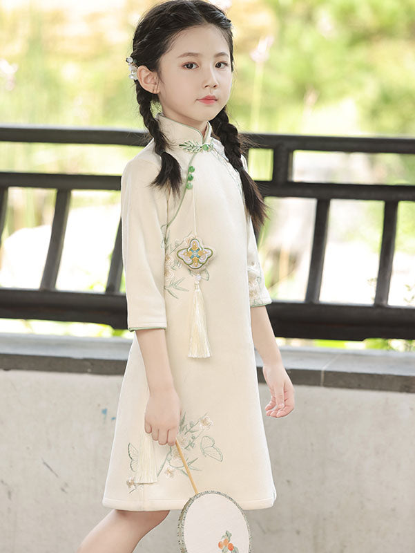 2025 Floral Embroidery Kids Girls Qipao Cheongsam Dress