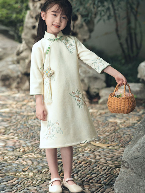 2025 Floral Embroidery Kids Girls Qipao Cheongsam Dress 130 / Beige 2025 Floral Embroidery Kids Girls Qipao Cheongsam Dress 130 / Beige