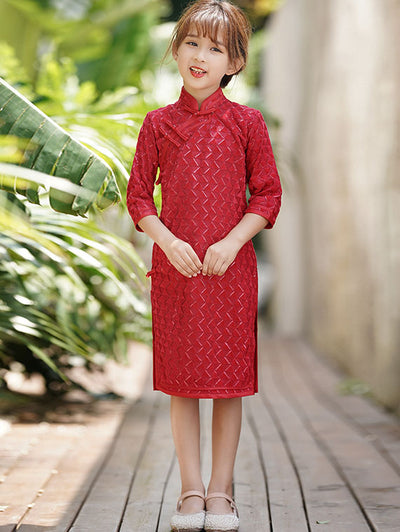 Red Grid Kids Girls Qipao Cheongsam Dress