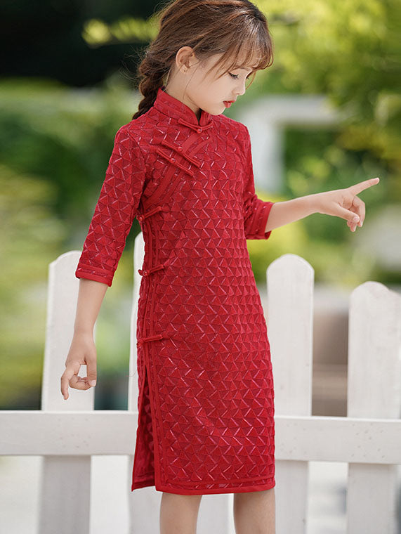 Red Grid Kids Girls Qipao Cheongsam Dress