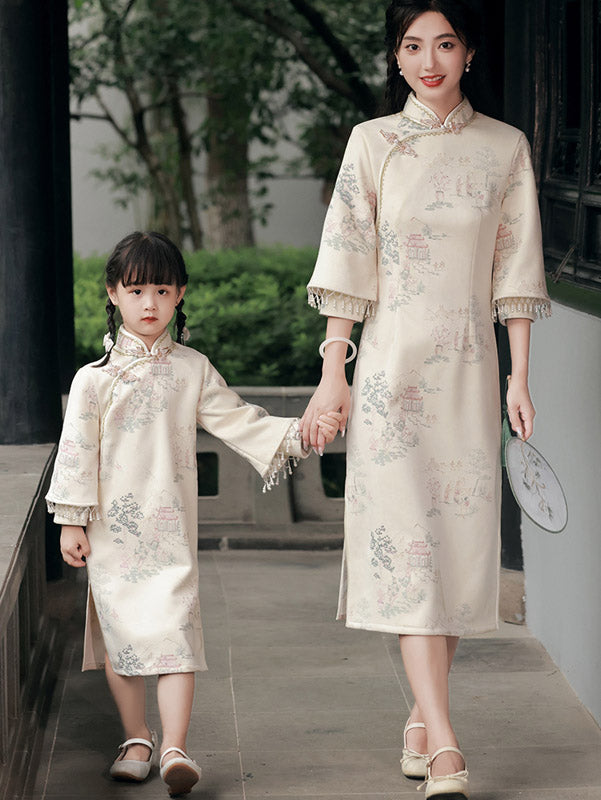 Mom Daughter Matching Winter Suede Qipao Cheongsam Dress