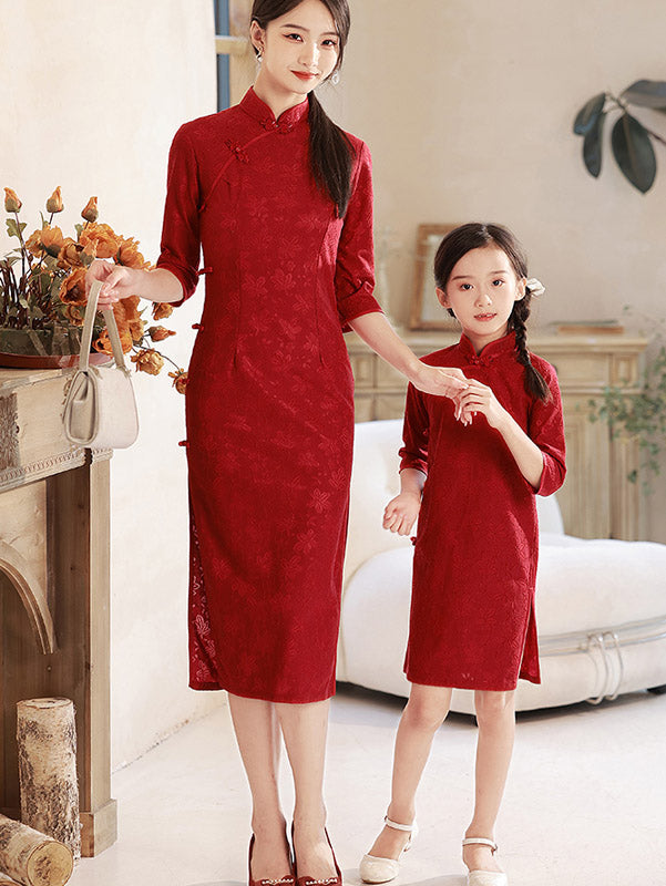 Red Floral Mom Daughter Matching Qipao Cheongsam Dress