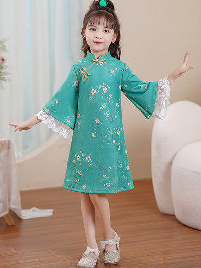 Pink Green Floral Suede Kids Girls Winter Cheongsam Dress