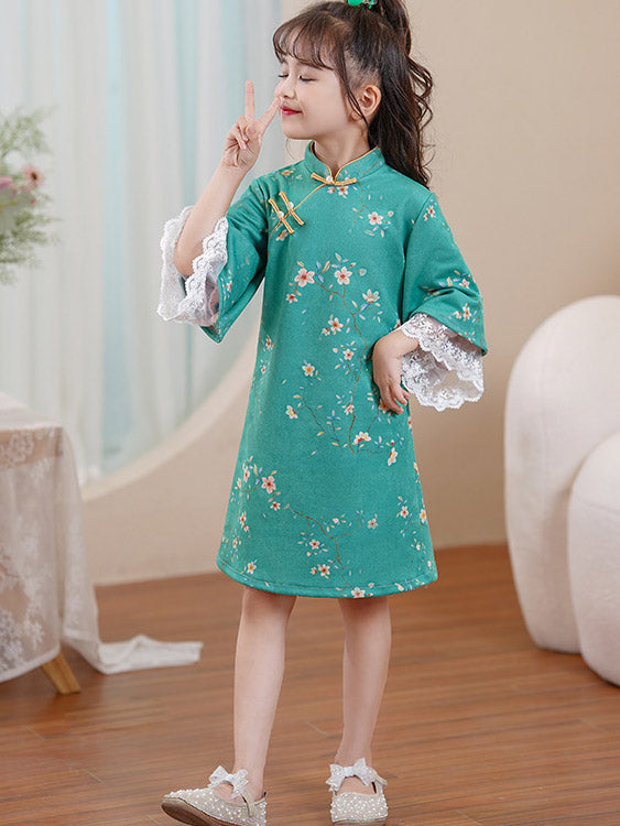 Pink Green Floral Suede Kids Girls Winter Cheongsam Dress
