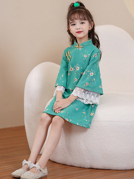 Pink Green Floral Suede Kids Girls Winter Cheongsam Dress