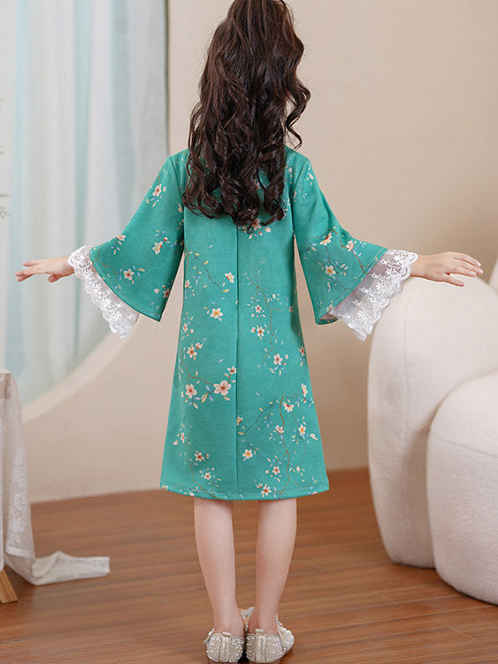 Pink Green Floral Suede Kids Girls Winter Cheongsam Dress