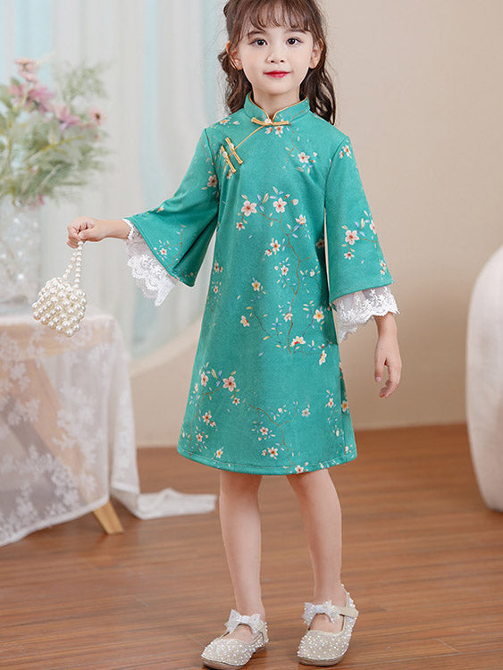Pink Green Floral Suede Kids Girls Winter Cheongsam Dress