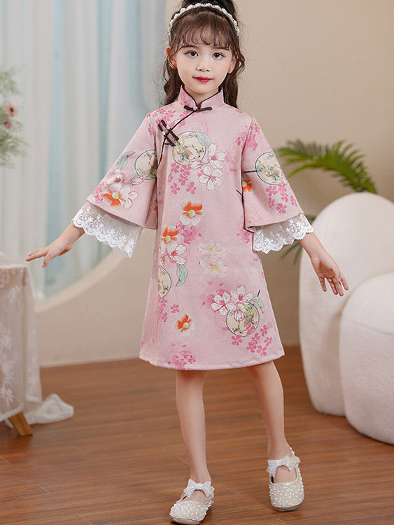 Pink Green Floral Suede Kids Girls Winter Cheongsam Dress