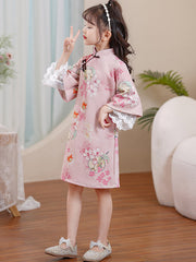 Pink Green Floral Suede Kids Girls Winter Cheongsam Dress