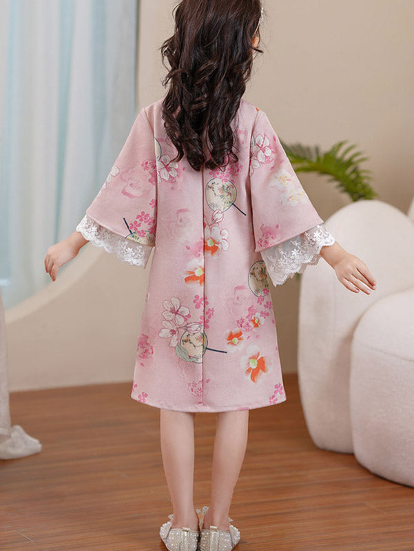 Pink Green Floral Suede Kids Girls Winter Cheongsam Dress
