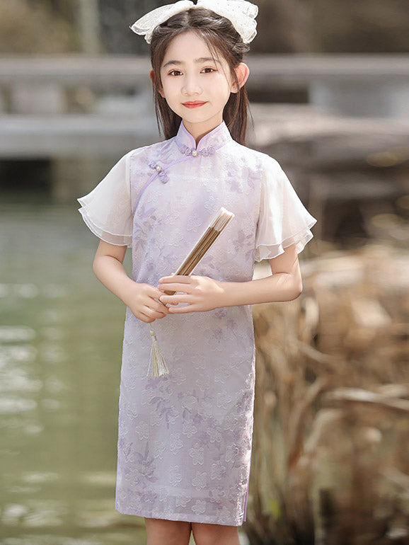 Purple Jacquard Flutter Sleeve Kids Girls Qipao Cheongsam Dress