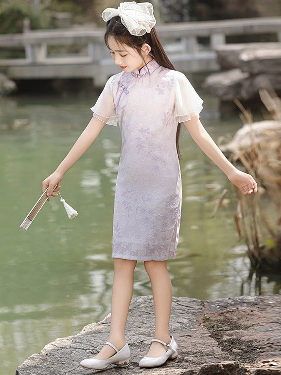 Purple Jacquard Flutter Sleeve Kids Girls Qipao Cheongsam Dress