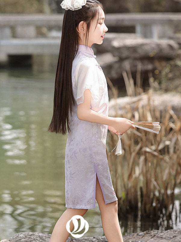 Purple Jacquard Flutter Sleeve Kids Girls Qipao Cheongsam Dress