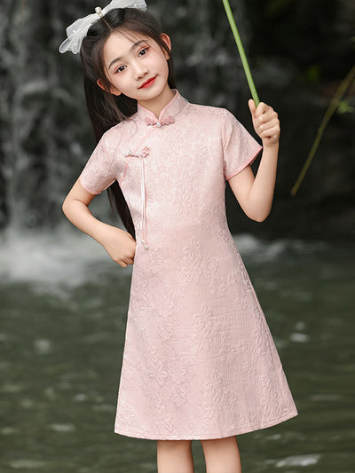 Pink Jacquard Kids Girls Qipao Cheongsam Dress