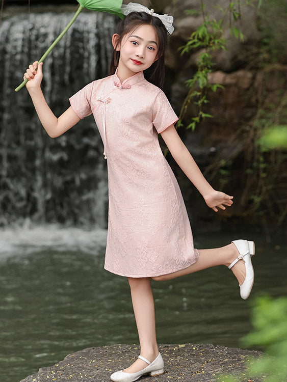 Pink Jacquard Kids Girls Qipao Cheongsam Dress