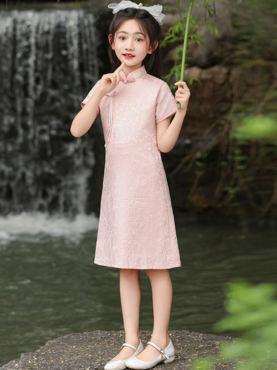 Pink Jacquard Kids Girls Qipao Cheongsam Dress