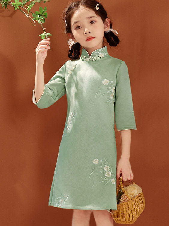 2025 Floral Embroidery Kids Girls Qipao Cheongsam Dress