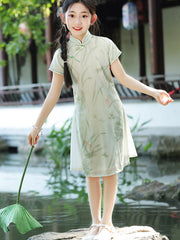 Green Floral Chiffon Kids Girls Qipao Cheongsam Dress