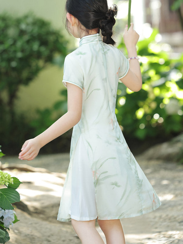 Green Floral Chiffon Kids Girls Qipao Cheongsam Dress