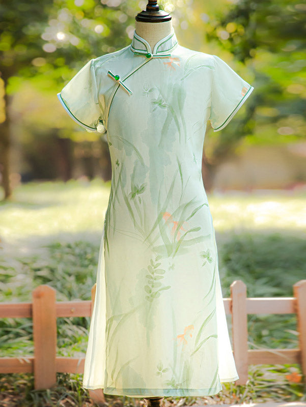 Green Floral Chiffon Kids Girls Qipao Cheongsam Dress