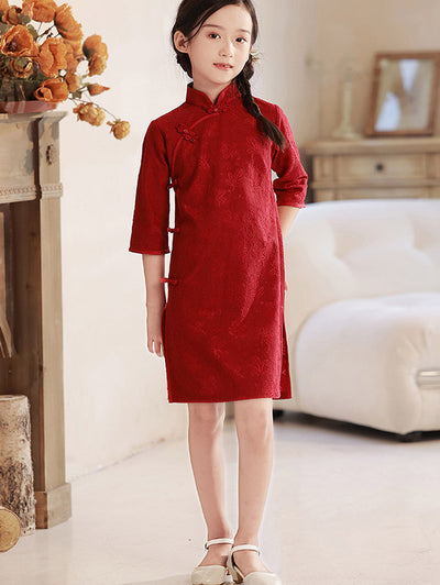 Red Lace Kids Girls Qipao Cheongsam Dress