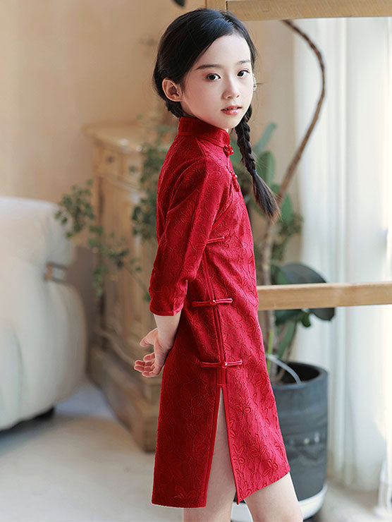 Red Lace Kids Girls Qipao Cheongsam Dress