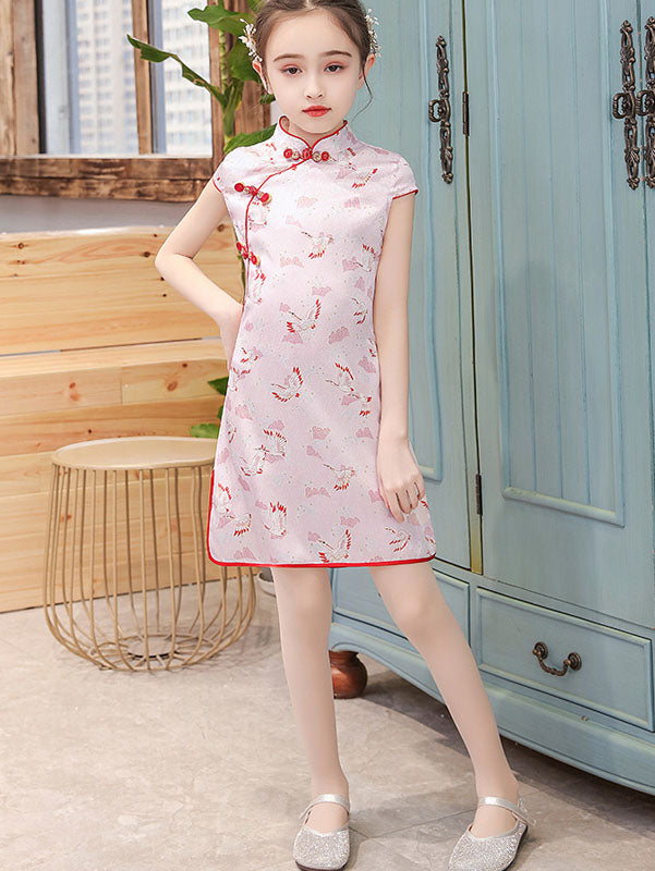 Pink Green Print Kids Girls Qipao Cheongsam Dress