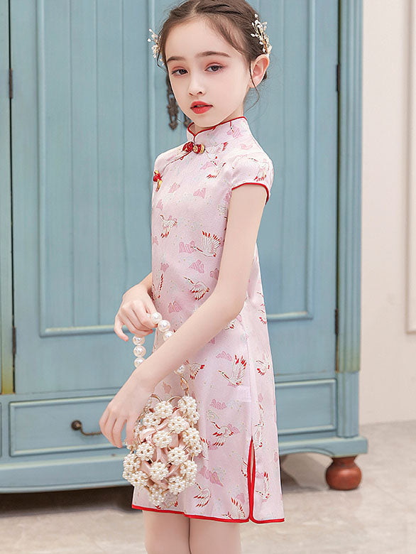 Pink Green Print Kids Girls Qipao Cheongsam Dress