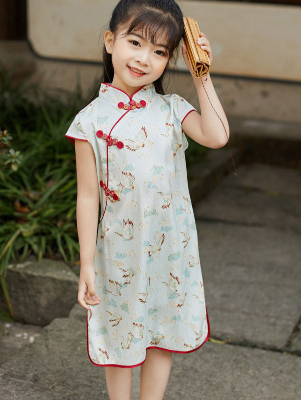 Pink Green Print Kids Girls Qipao Cheongsam Dress