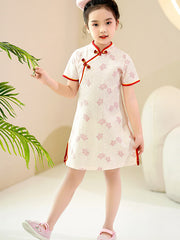 Pink Floral Lace Kids Girls Qipao Cheongsam Dress