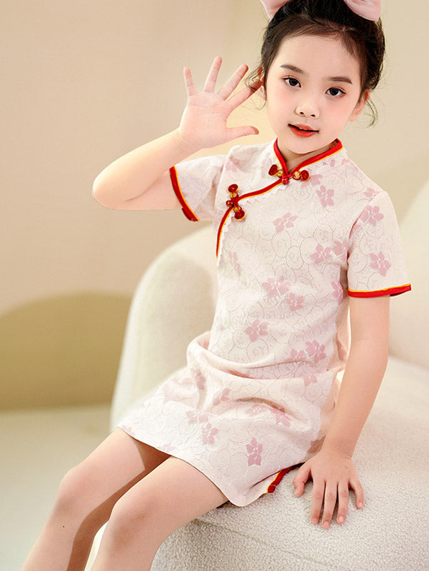 Pink Floral Lace Kids Girls Qipao Cheongsam Dress