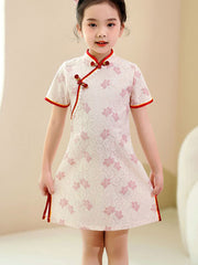 Pink Floral Lace Kids Girls Qipao Cheongsam Dress